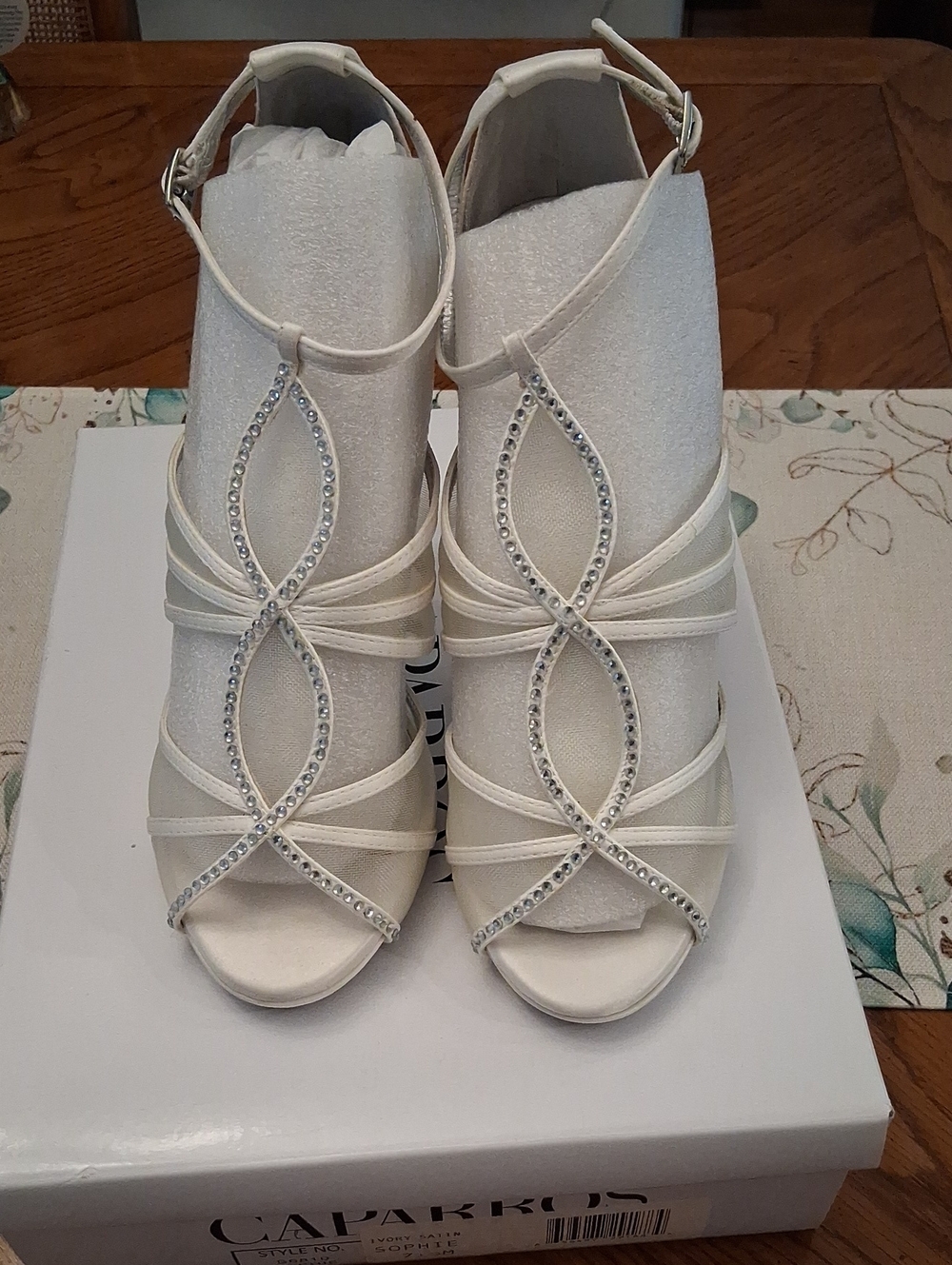 Caparros Ivory Satin Rhinestone Open-Toe Ankle-Strap Heels